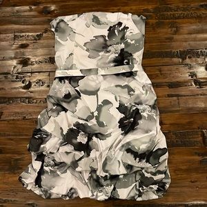 Black, white, and silver strapless dress